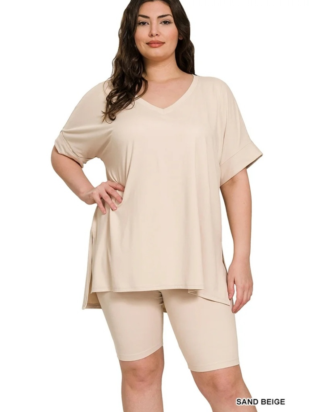 ZENANA PLUS Sand Beige V-Neck Top with Bike Shorts